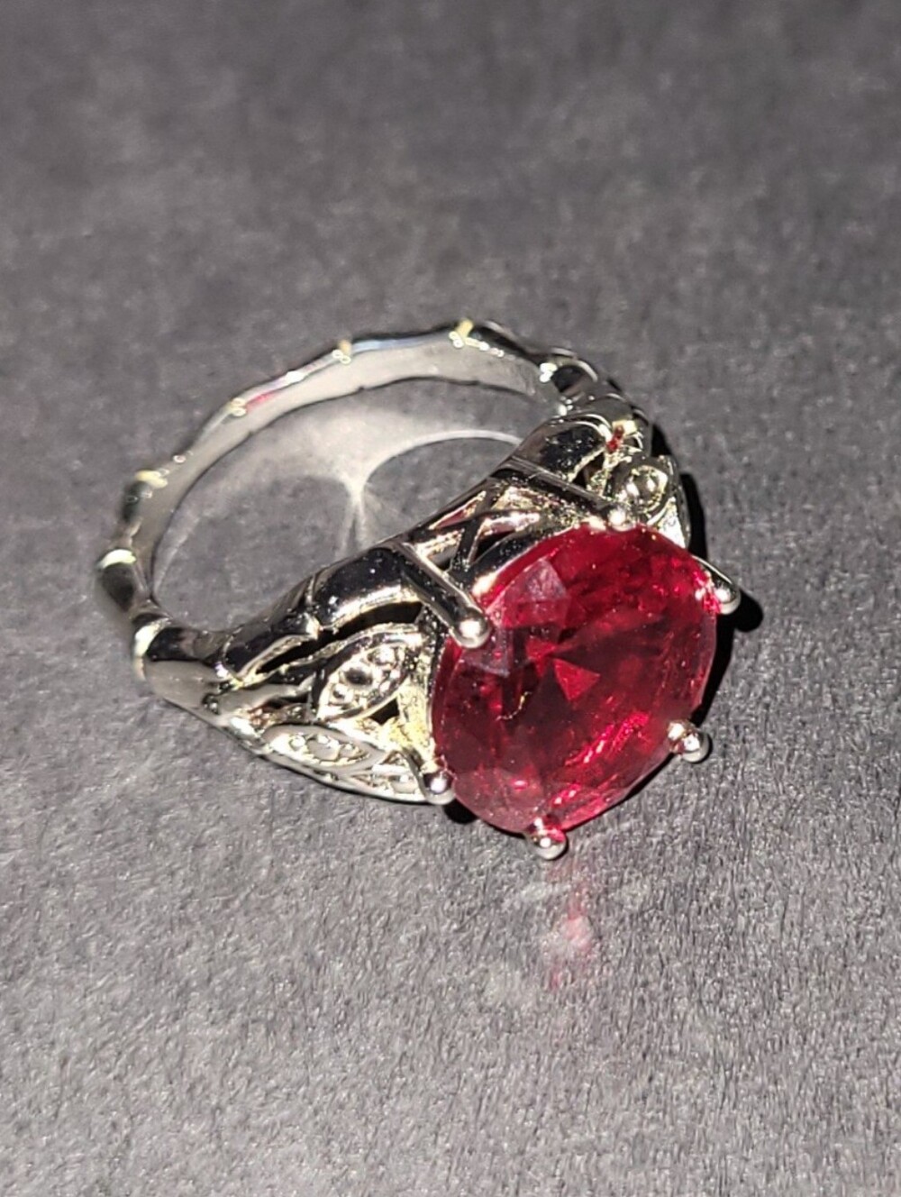 Round Red Silvertone Cocktail Style Ring Size 8